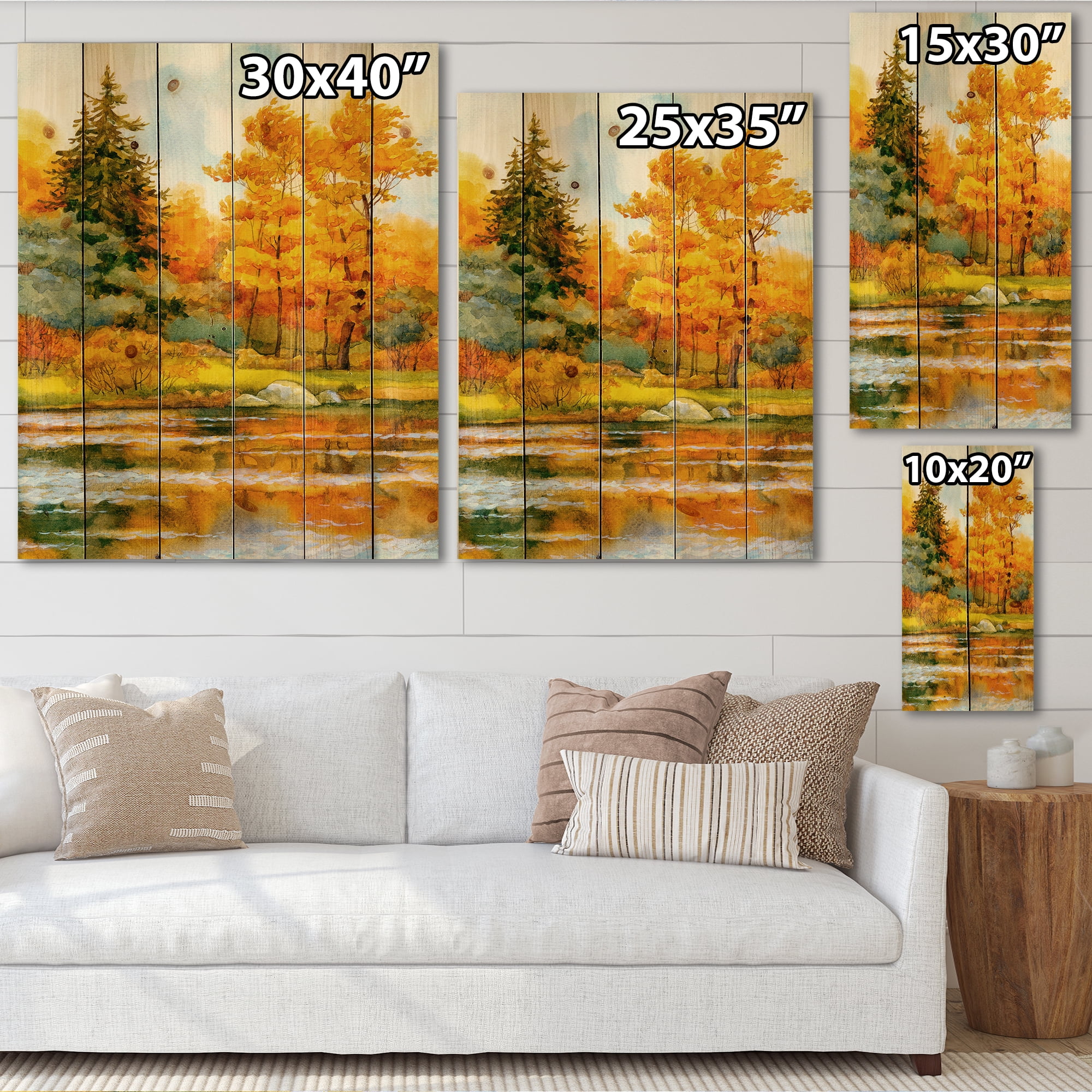 Designart 'Autumn Forest By The Lake Side II' Lake House Print on Natural Pine Wood