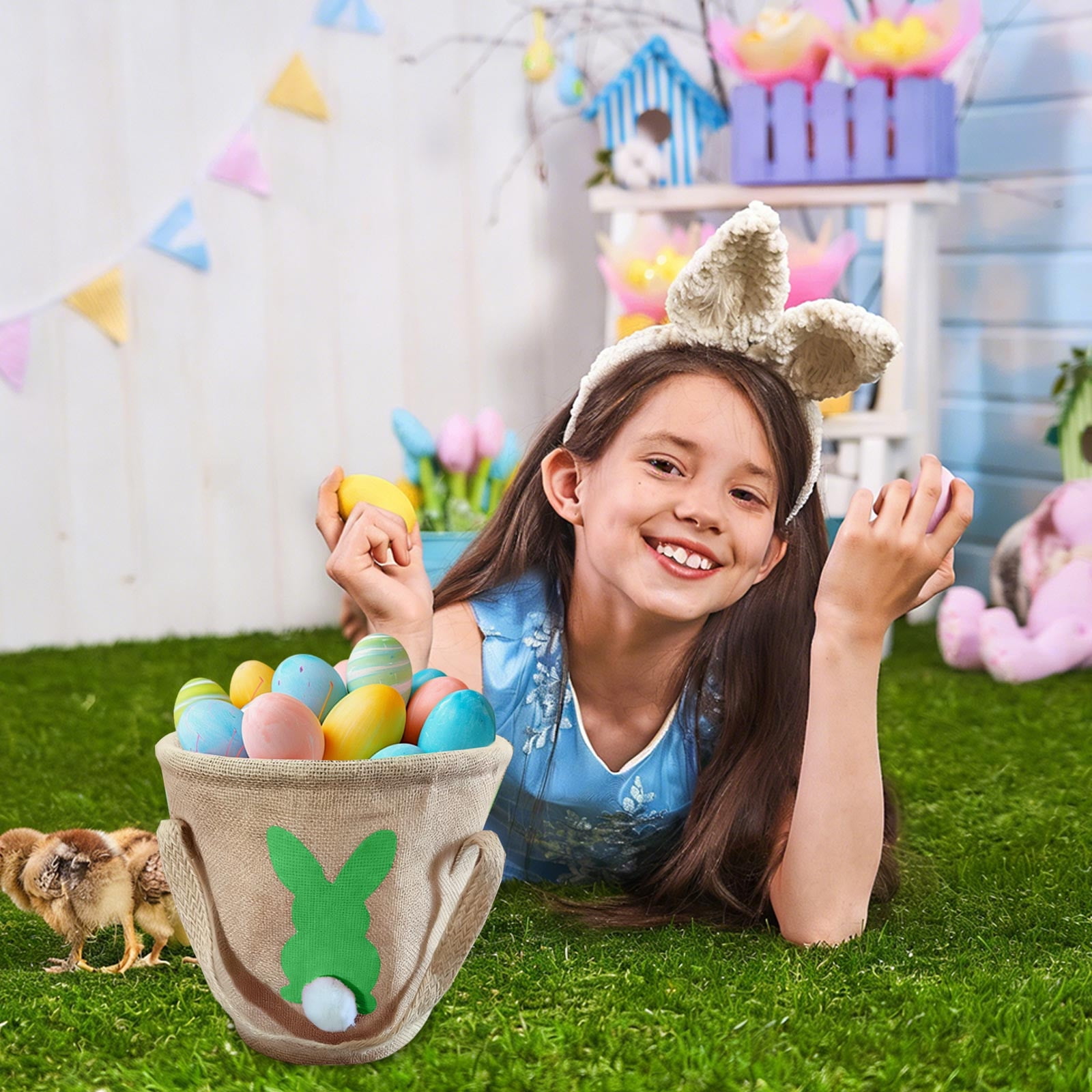 Easter Basket Essentials Easter Rabbits Bag Round Buckets Bag Rabbits Gift Tote Bag Linen Bag