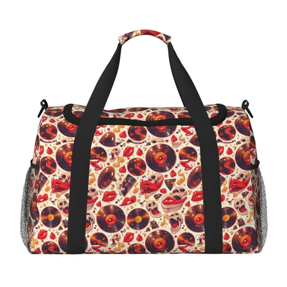 Balery Skull rock record music heart Bolsa de Gimnasio para Mujeres, Bolsa de Viaje con Bolsillo Húmedo, Bolsa de Fin de Semana para Mujeres, Bolsa de Viaje Resistente al Agua