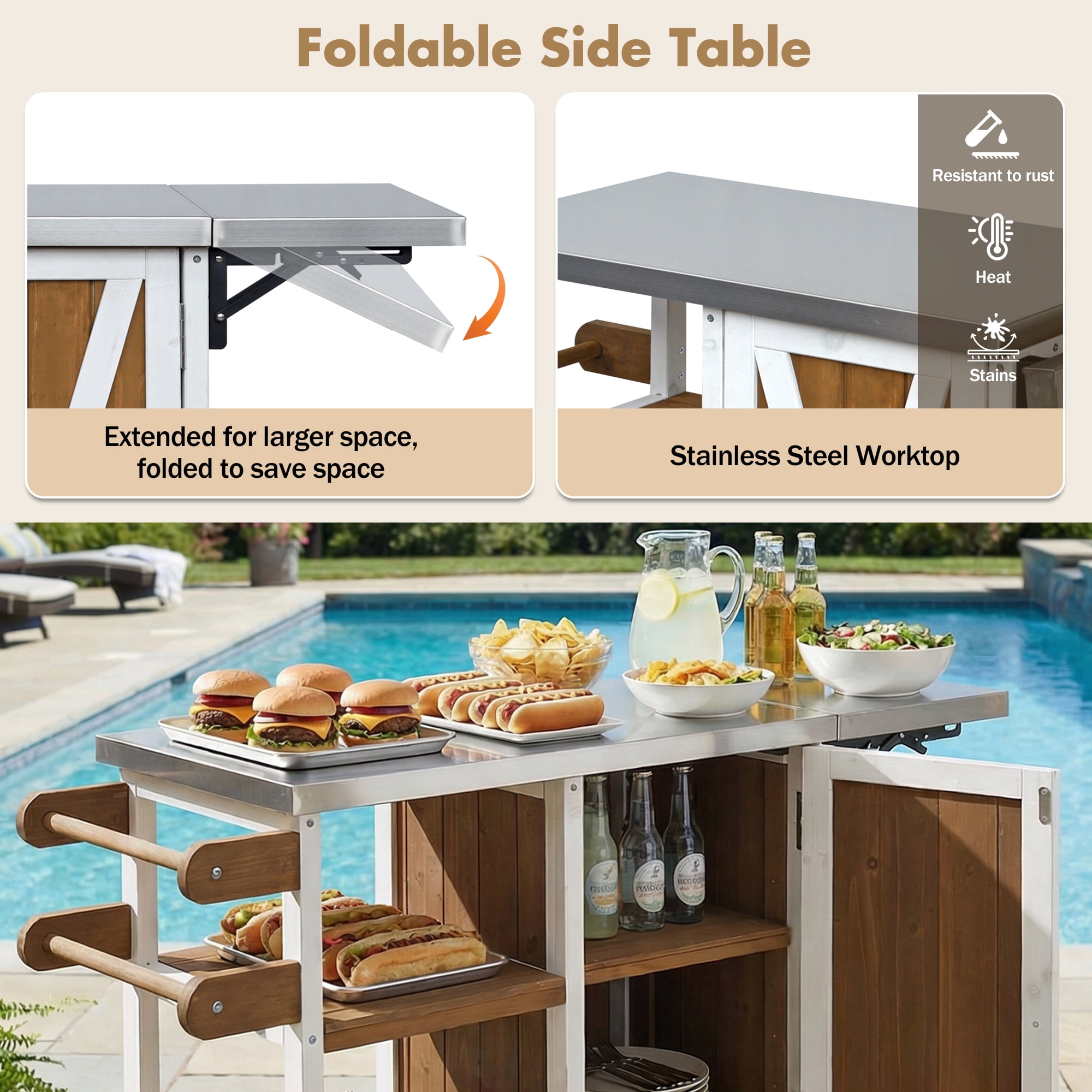 Portable Outdoor Kitchen Island, Foldable Patio Prep Station for Outdoor Use, White and Brown