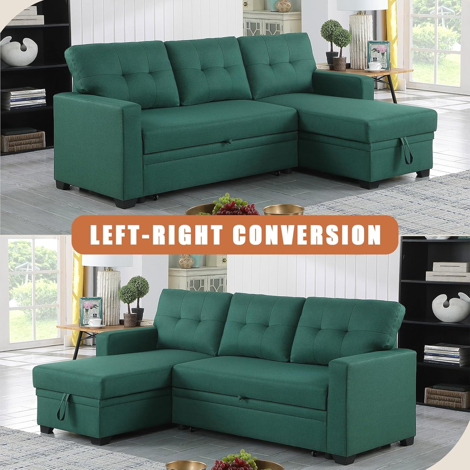 Howcool 82" Convertible Sleeper Sofa Bed, Pull-Out Couch with Reversible Storage Chaise, L-Shaped Sectional Couch with USB Charging, Linen Fabric Sofa for Small Living Room Apartment,Green