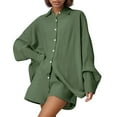 thumbnail image 4 of Women's 2 Piece Cotton Outfits, Loose Casual Long Sleeve Button Shirt and Shorts Tracksuit Beach Vacation Sets Pant Sets for Women Dressy Casual Green L, 4 of 7