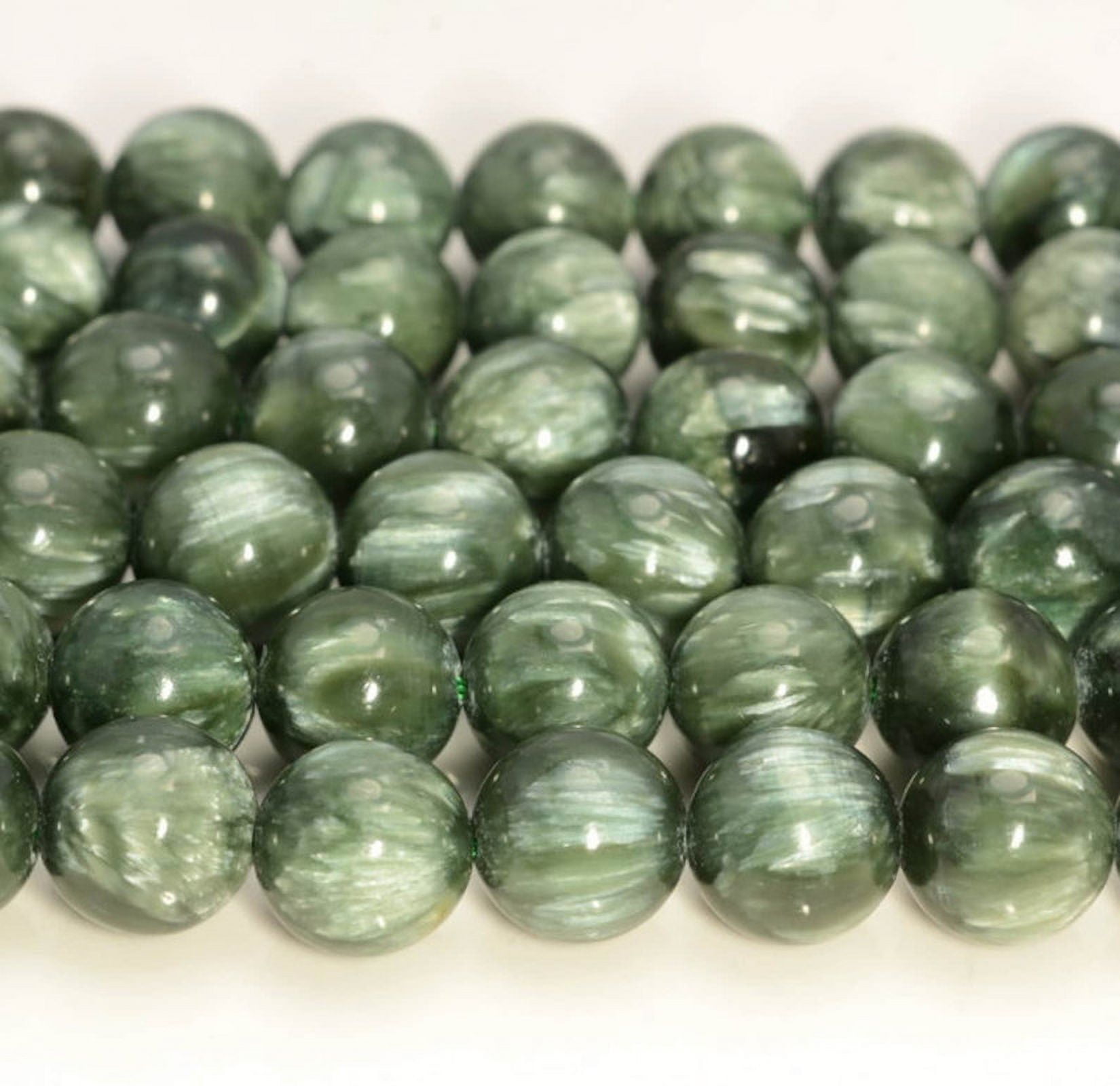 Natural Russian Seraphinite Clinochlore Gemstone Deep Green Smooth Grade 4mm 5mm 6mm 8mm Loose Beads 15.5 Inch