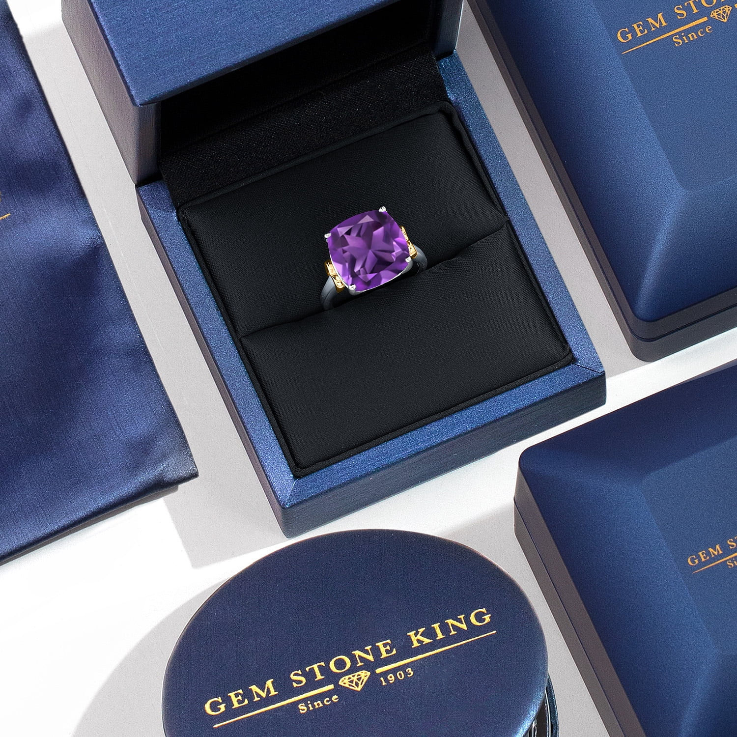 Gem Stone King 925 Silver and 10K Yellow Gold Purple Amethyst Solitaire Engagement Ring for Women | 6.40 Cttw | Cushion 12MM | Gemstone February Birthstone | Size 8