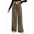 thumbnail image 3 of Women'S Plaid Leopard Print Straight Leg Pants Elastic Waist Y2K Trousers Bottoms with Pockets Leopard Brown M, 3 of 10