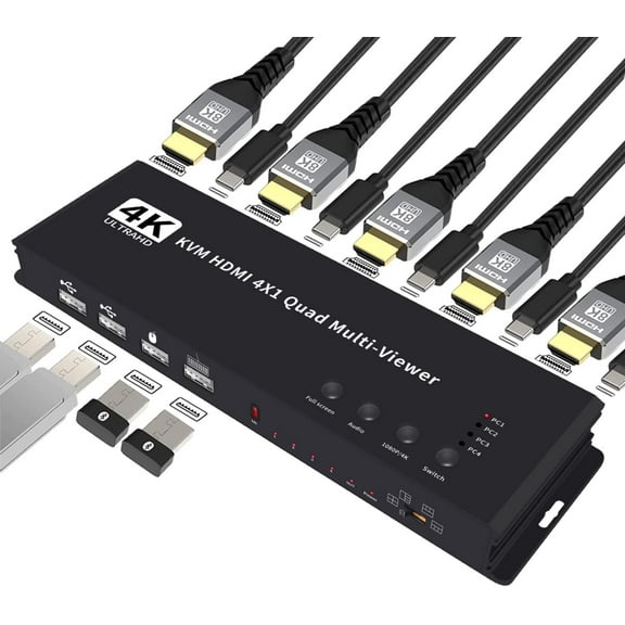 AUBEAMTO 4K HDMI KVM Switch 4x1 Quad Multi Viewer 4 in 1 Out KVM HDMI Processor Screen Multiviewer Seamless for 4 PC Share Mouse Keyboard