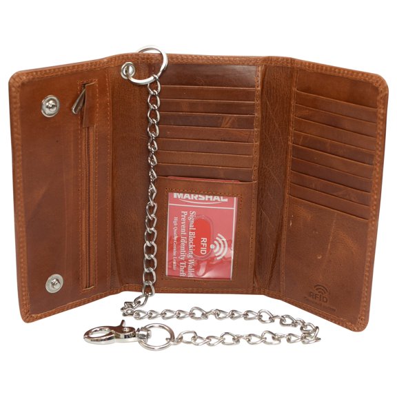 RFID Blocking Men's Tri-fold Vintage Long Style Cow Leather With Chain card holder Wallet