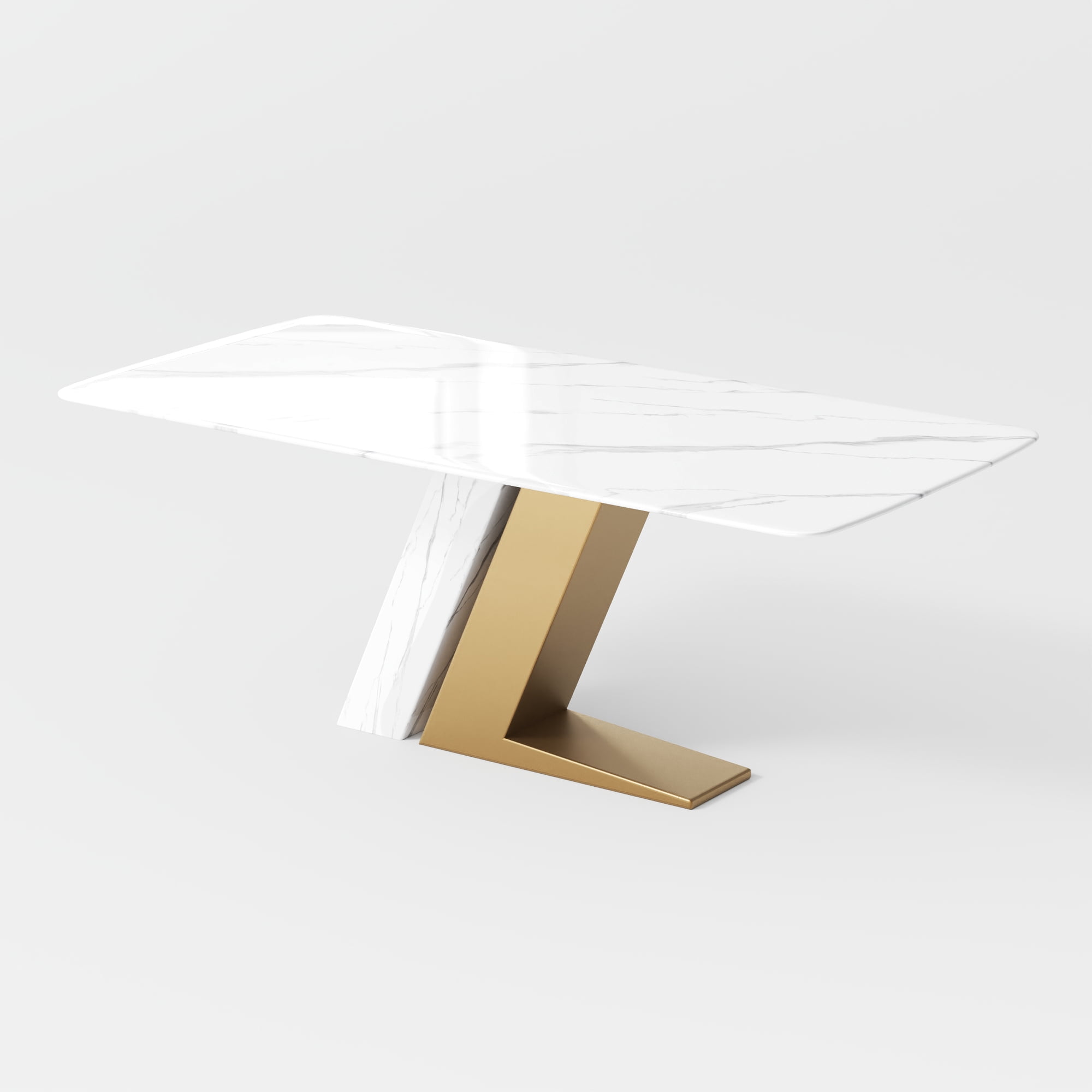 POVISON 71" Modern Luxury White Rectangular Dining Table with Glossy Sintered Stone Tabletop, White and Gold Z-shaped Stainless Steel Base