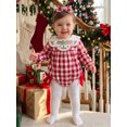 thumbnail image 4 of Cjfdfy  Newborn Baby Girl Holiday Fall Outfit Holiday Thanksgiving Turkey Merry Christmas Embroidery Long Sleeve Doll Collar Plaid Romper And Bow Headband Set, 4 of 9