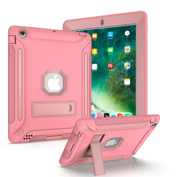 Allytech Silicone Case for iPad 4 / iPad 3/ iPad 2, Three Layers Silicone PC Heavy Duty Defender Kickstand Feature Shockproof Case Cover for Apple iPad 2nd/3rd/4th Generation, Rosegold