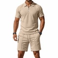 thumbnail image 4 of Yusimy Men's 2 Piece Solid Color Casual Loose Half Zip Turn Down Collar Short Sleeve Top And Elastic Waist Shorts Beach Set, 4 of 9