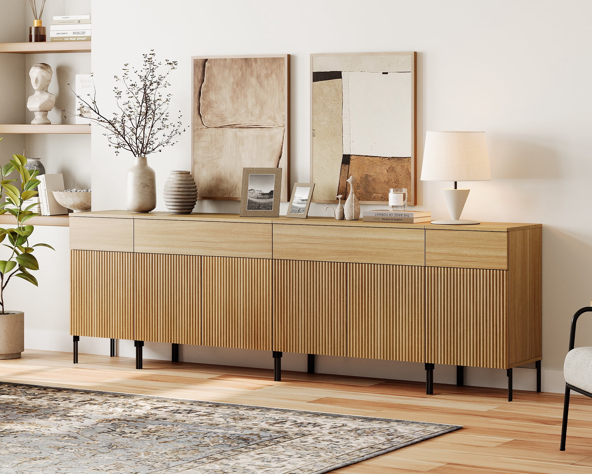 94.5" Reeded Accent Cabinet Set with Charging Station, Modern Credenza Storage Cabinet with Doors and Drawers for Living Room, Kitchen, Dining Room, Hallway