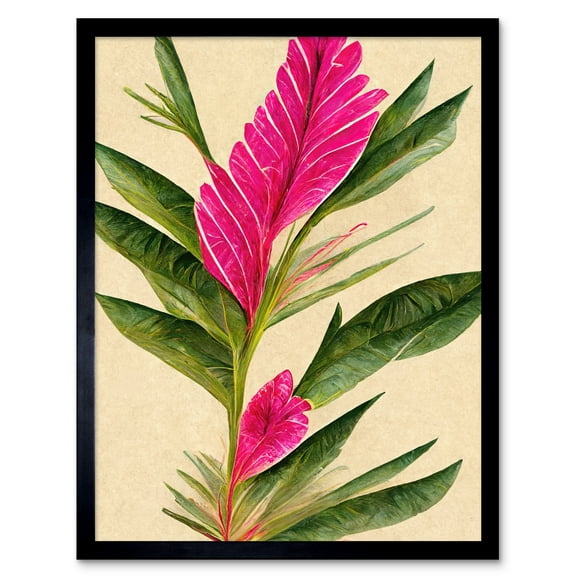 Hawaiian Flower Leaves Illustration In Fuchsia And Green Art Print Framed Poster Wall Decor 12x16 inch