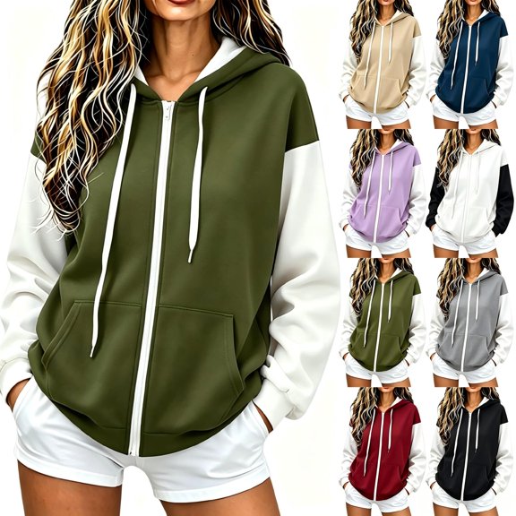 Tqcoqu Women's Color Block Zip Up Hoodie,Drawstring Hood Long Sleeve Kangaroo Pocket Loose Casual Sweatshirt Jacket Tops,2026 Fall Winter Trendy Clothes,Army Green Women's S-XXL