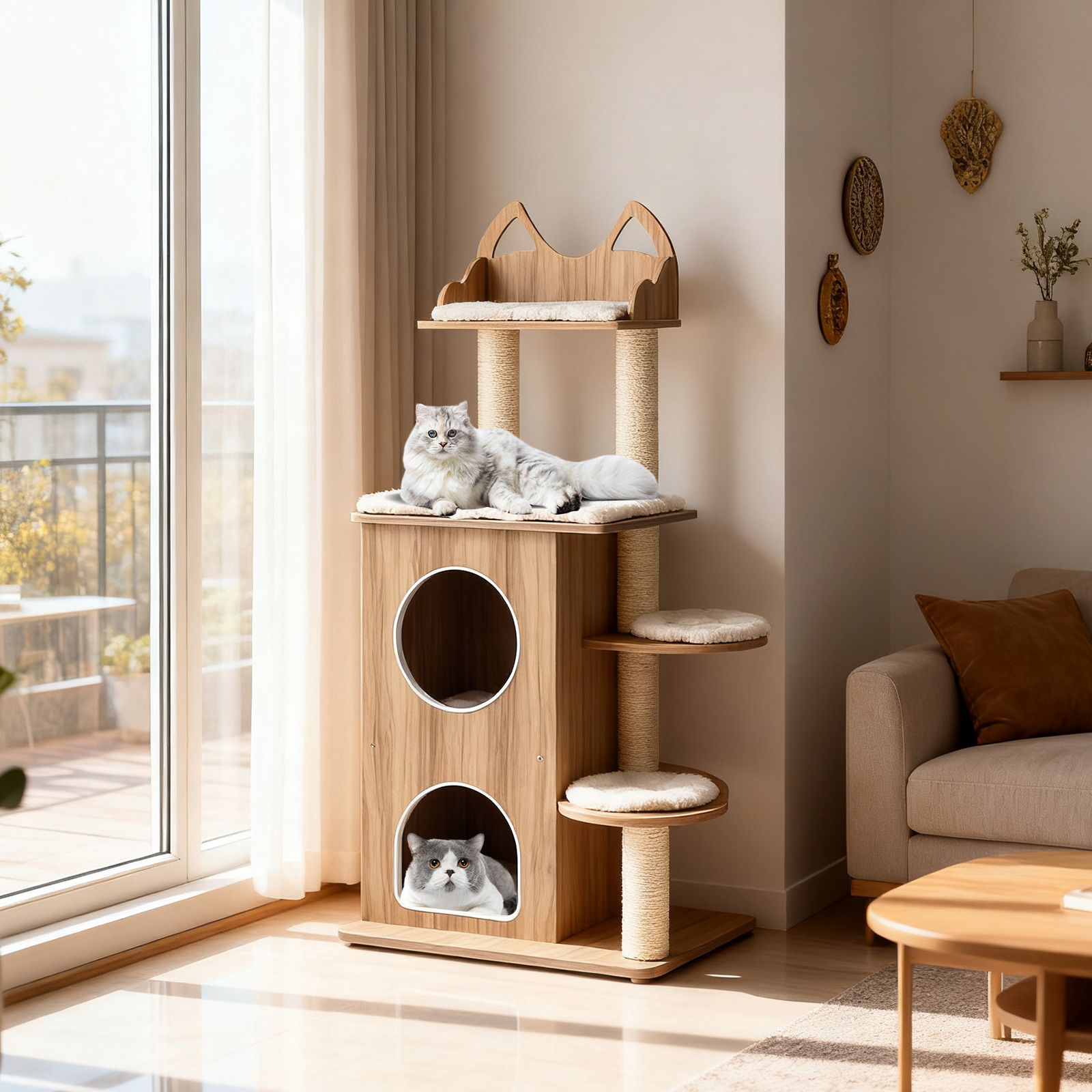 Gymax Wooden Cat Tree 48'' Cat Tower for Indoor Cats w/ 2-floor Condo Cute Top Perch