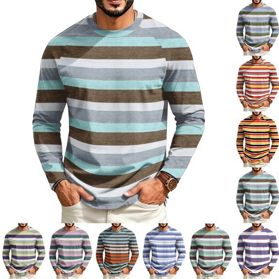GrmtClth Shirts for Men Lightweight Soft Striped Raglan Long Sleeve Crew Neck Pullover Autumn Weekend Casual Street Tops Gray XL