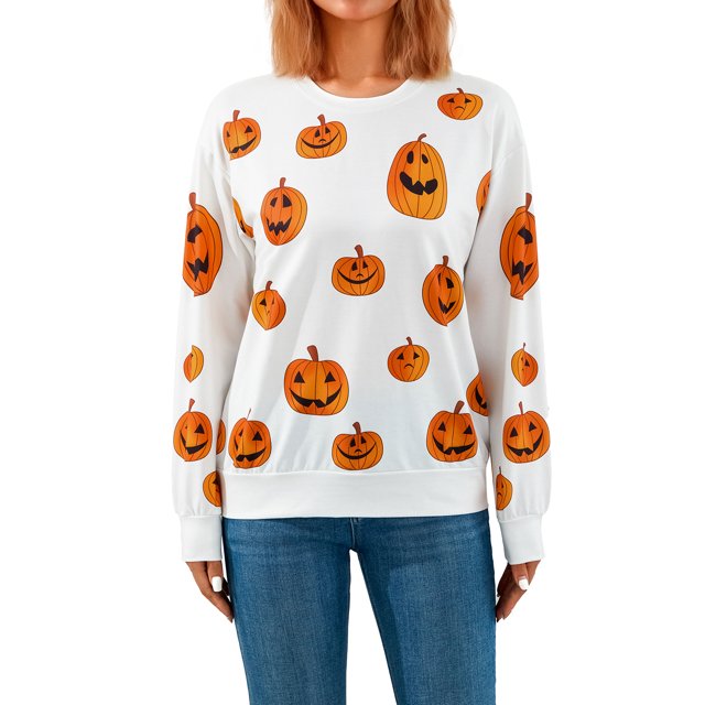 VISgogo Mujer Primavera Otoño Casual Pullover Manga Larga O Cuello Estampado De Calabaza Sudadera VISgogo moda