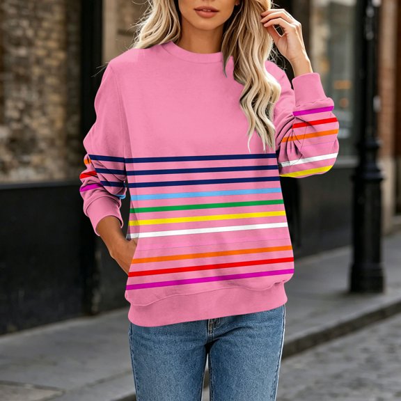Karymi Summer Tops for Women 2026 Rainbow Horizontal Stripe Crew Neck Sweatshirt, Loose Long Sleeve Non-Hooded Pullover Top, Casual Sweatshirt with Side Pockets Plus Size Tops for Women