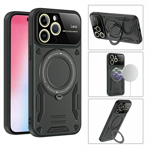 ELEHOLD Rugged Case for iPhone 12 Pro Max Case with 360°Rotation Ring Holder Kickstand Lens Protection Hybrid PC TPU Military Grade Non-Slip Shockproof Protective Case,black