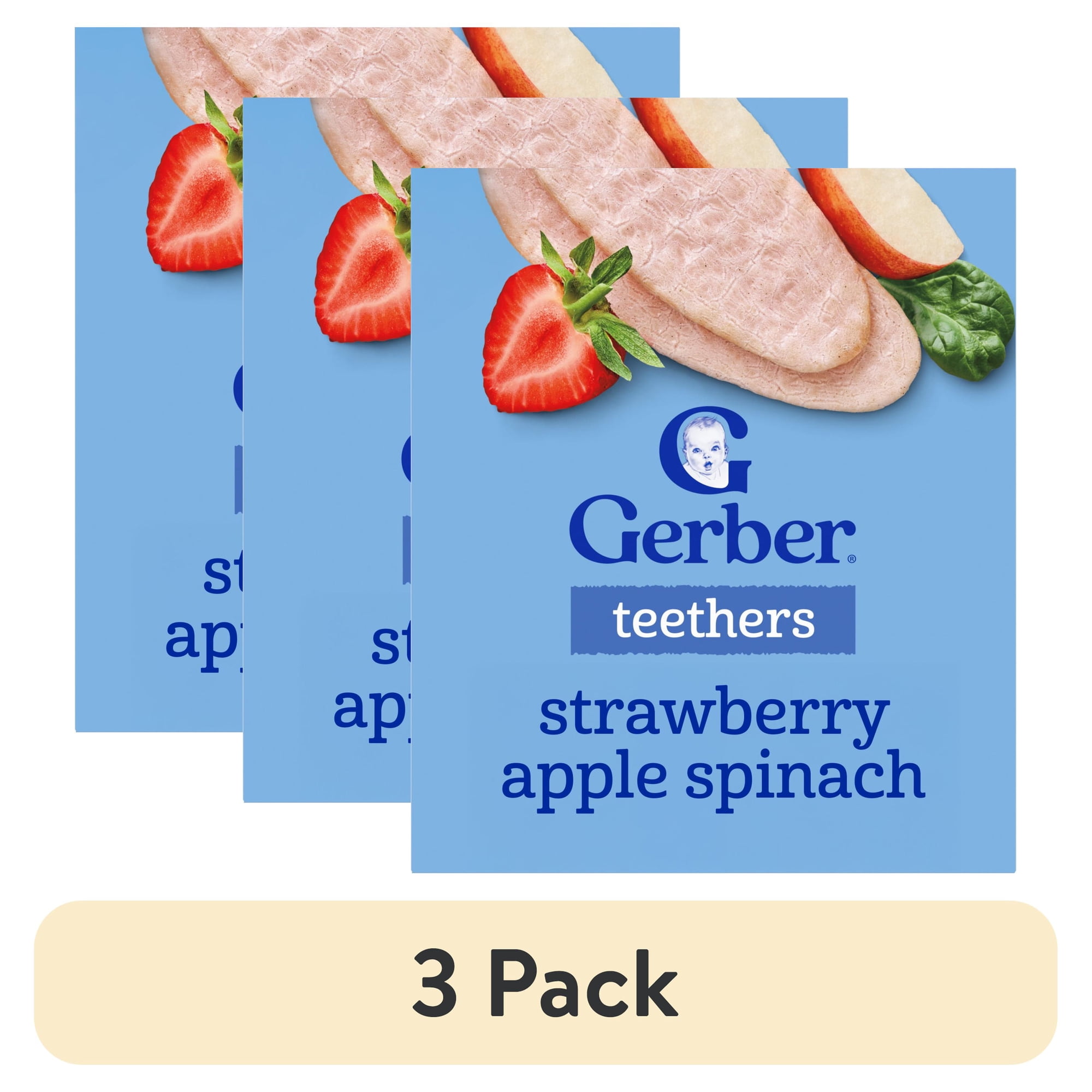(3 pack) Gerber Baby Snacks, Teething Wafers, Strawberry Apple Spinach, 1.7 oz, 12 Count