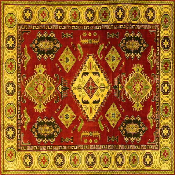 Ahgly Company Machine Washable Indoor Square Geometric Yellow Traditional Area Rugs, 8' Square