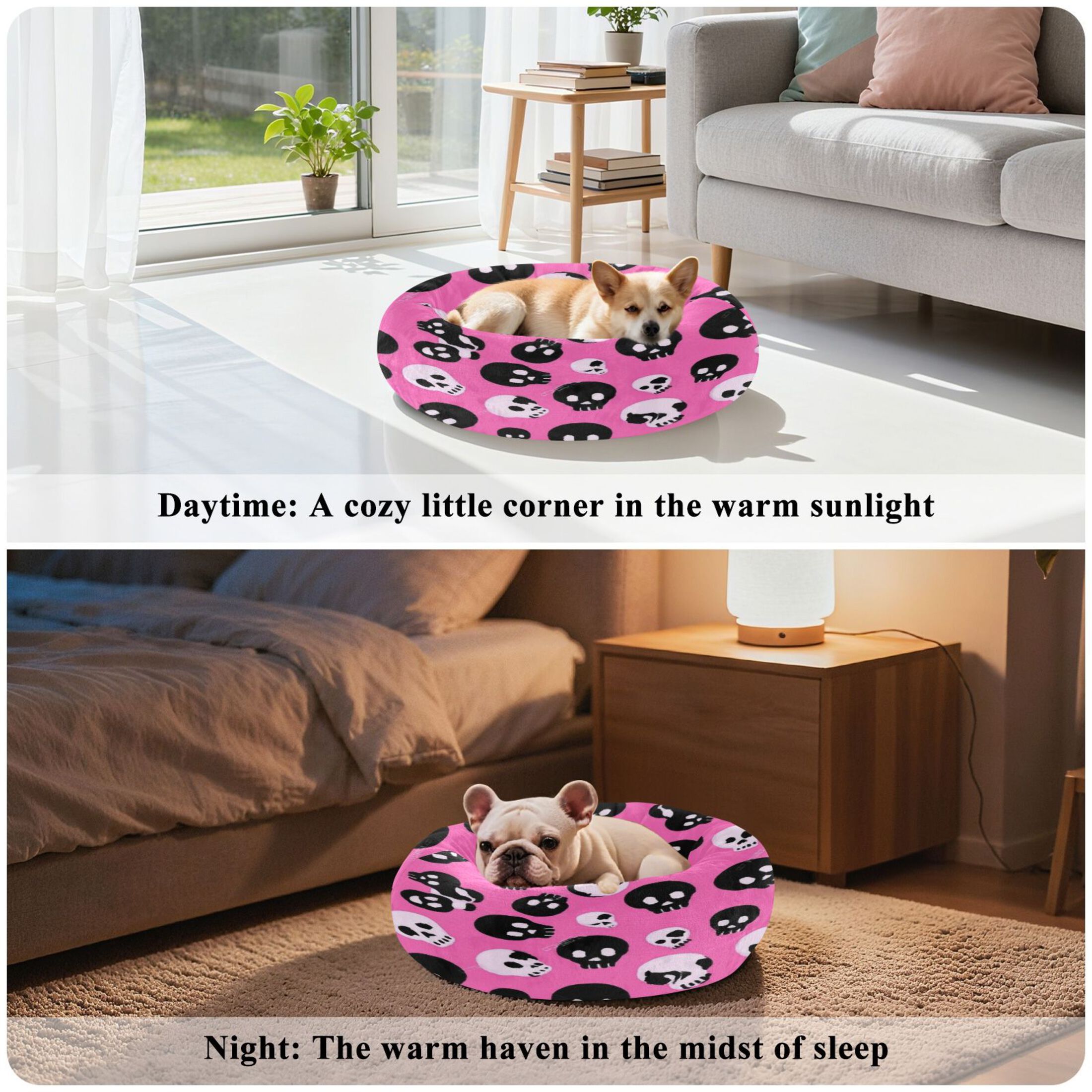 Iauyy Pet Couch Donut Cat Bed for Indoor Cats/Small Dogs Washable & Machine with Non-slip Bottom Calming Cat Furniture, Black Cartoon Skull Pattern (S)