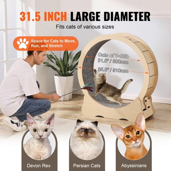 35.8 Inch Large Cat Exercise Wheel Wooden Silent Cat Treadmill for Indoor Cats All Sizes Fiberboard Cat Running Wheel