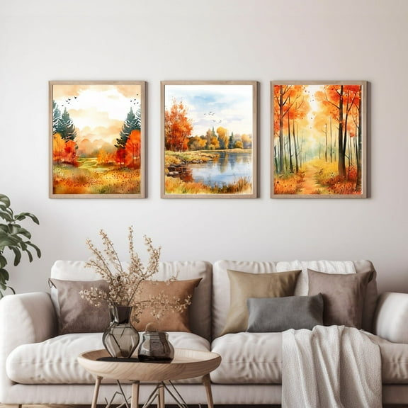 UNFFRAMED Luvia Fall Landscape Poster Set of 3, Autumn Scenery Wall Art, Seasonal Home Prints Set 3 Prints 8x12