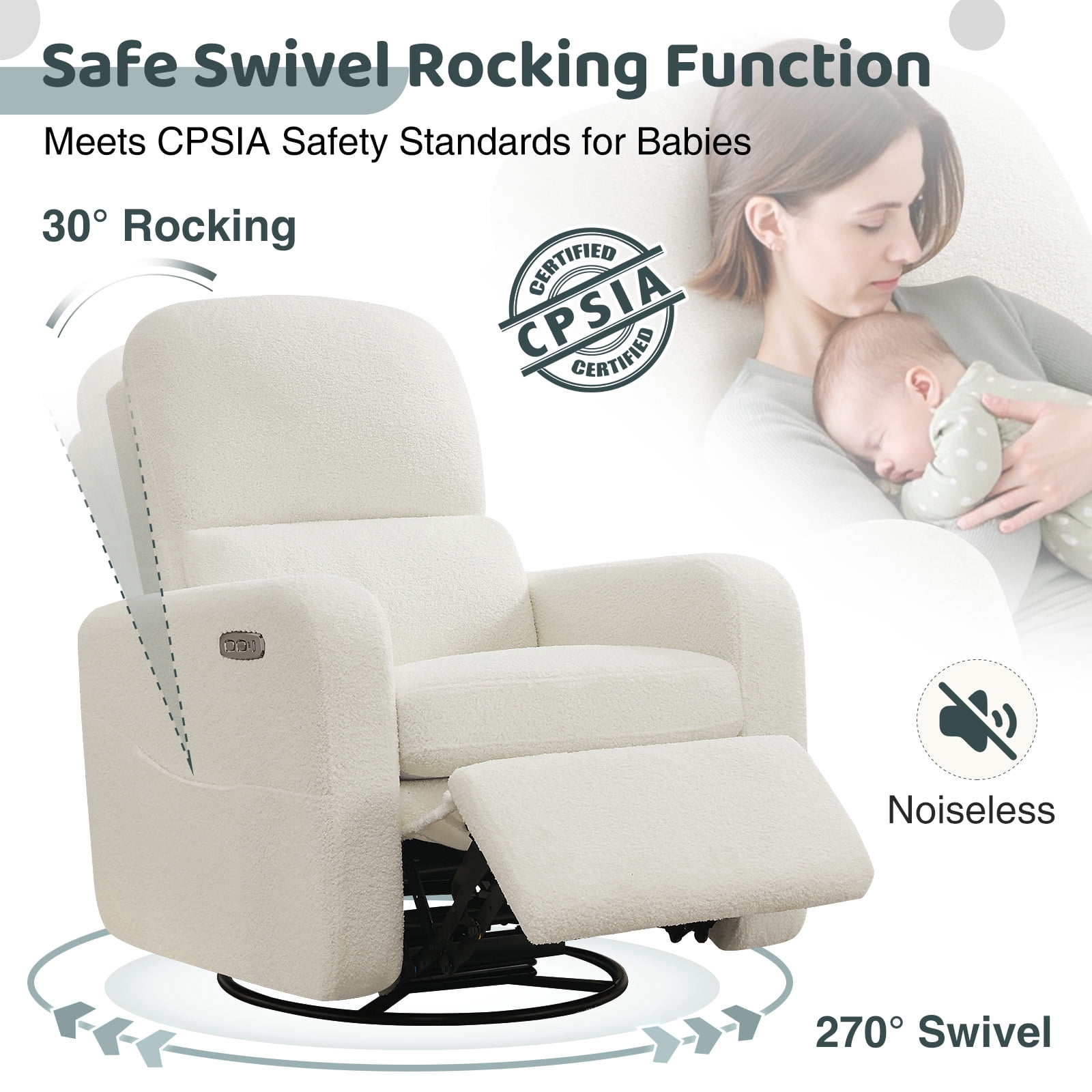 Aemeios Swivel Power Recliner Chair Teddy Nursery Glider Rocking Recliner, White