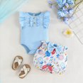 thumbnail image 2 of TOWED22 Newborn Baby Girl Clothes Summer Knit Ribbed Floral Print Short Sleeve Romper Shorts Headband Outfit Set(Sky Blue,6-9 M), 2 of 8