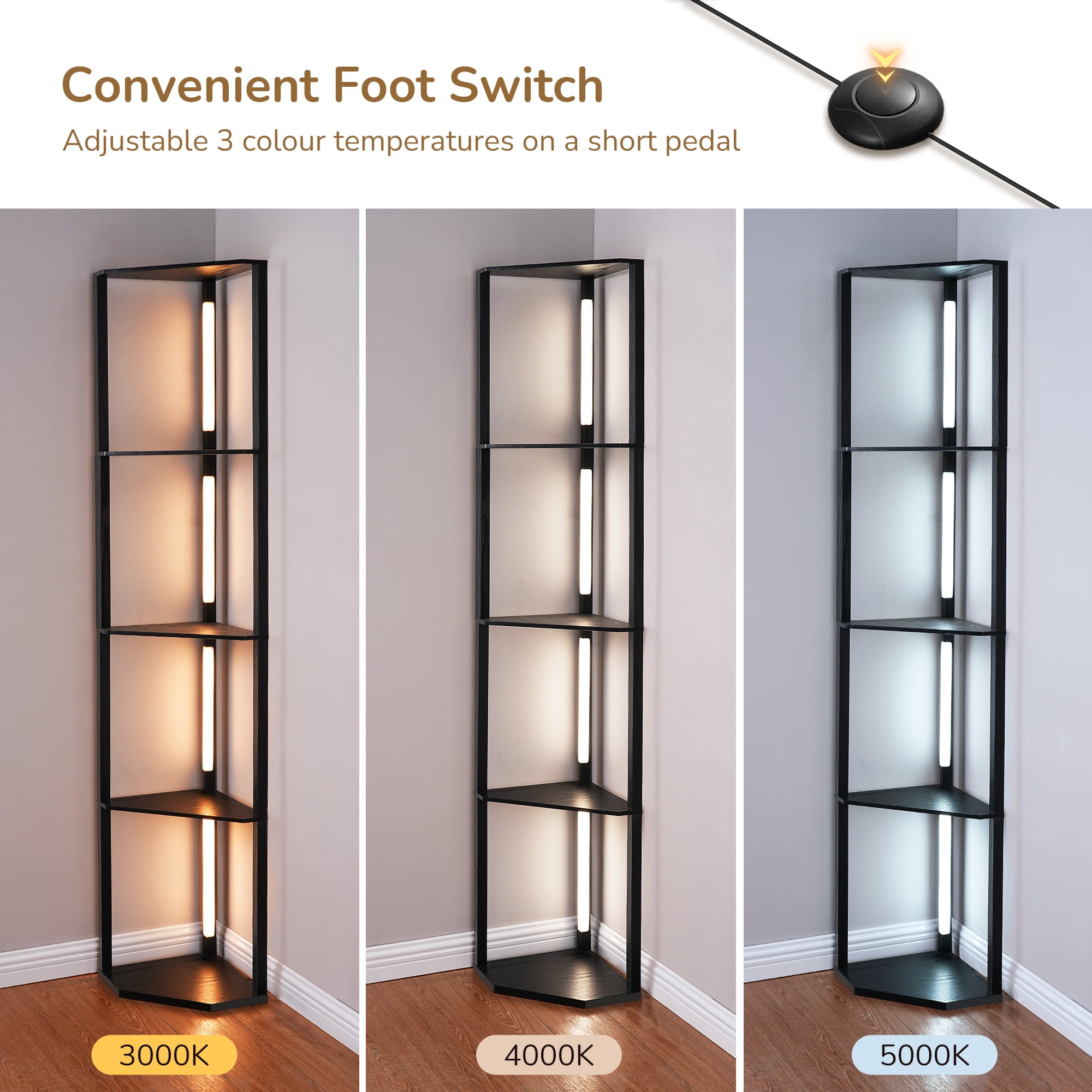EDISHINE 64in  Shelf Floor Lamps for Bedroom Office Living Room, Modern LED Corner Light with Shelves, 3CCT, Stepless Dimmable, Tall Floor Light for Bedroom, Office, Dining Room