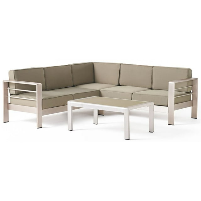 Noble House Cape Coral Khaki Water Proof Cushion Sofa Set with Glass Table