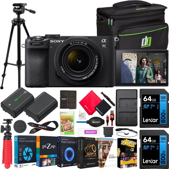 Sony a7C II Full Frame Mirrorless Camera Body with 28-60mm F4-5.6 Lens Black ILCE-7CM2L/B Bundle with Deco Gear Photography Bag Case   Extra Battery   Charger   Tripod   Software Kit & Accessories