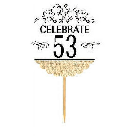 53rd Birthday / Anniversary Novelty Burlap Cupcake Decoration Picks -12pack