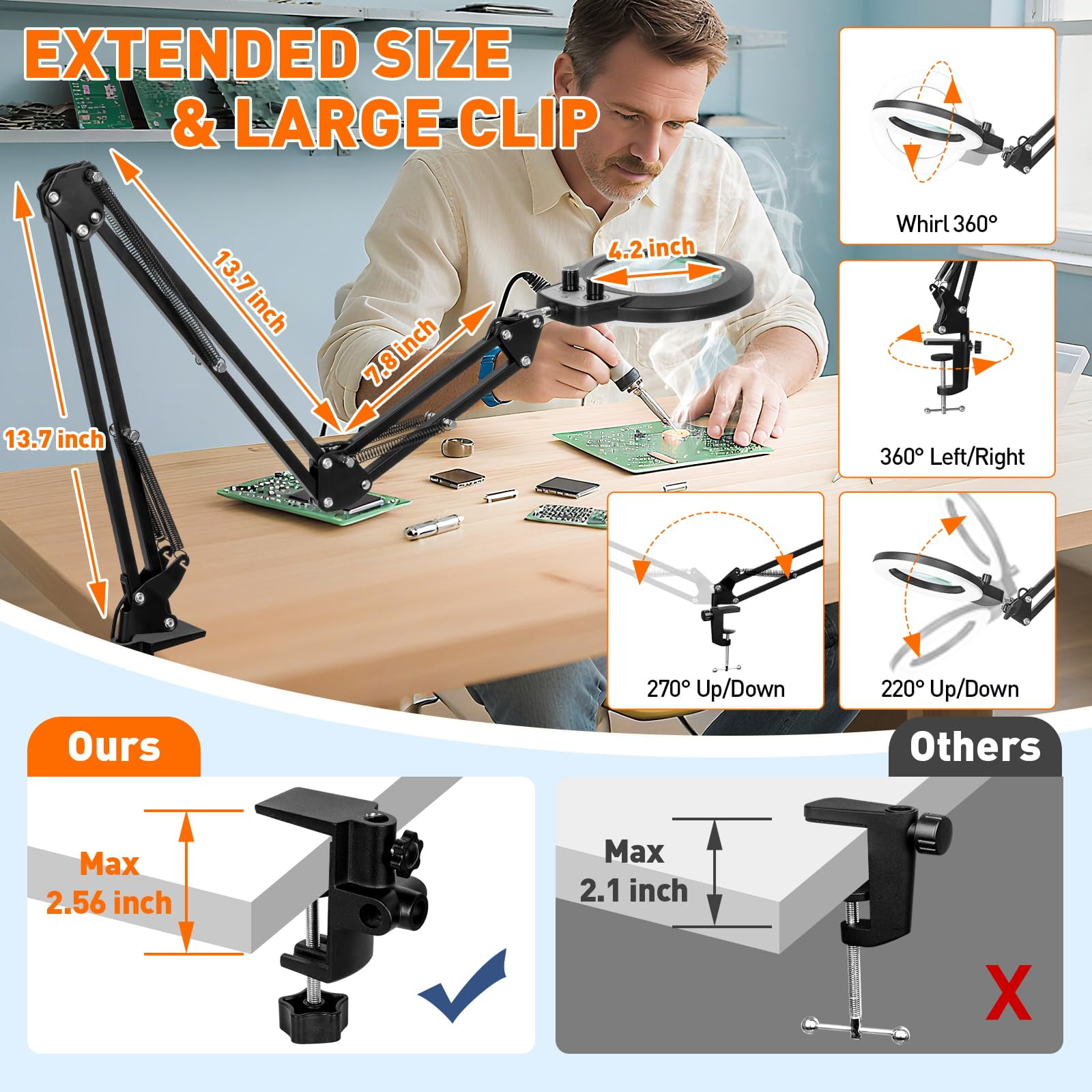 KIRKAS Magnifying Glass with Light and Clamp, Extra-Long Arm Magnifying Lamp Overhead Knob for Workbench Craft Repair Sewing, LED Lighted Magnifier Real Glass Lens Stepless Dimming and Color