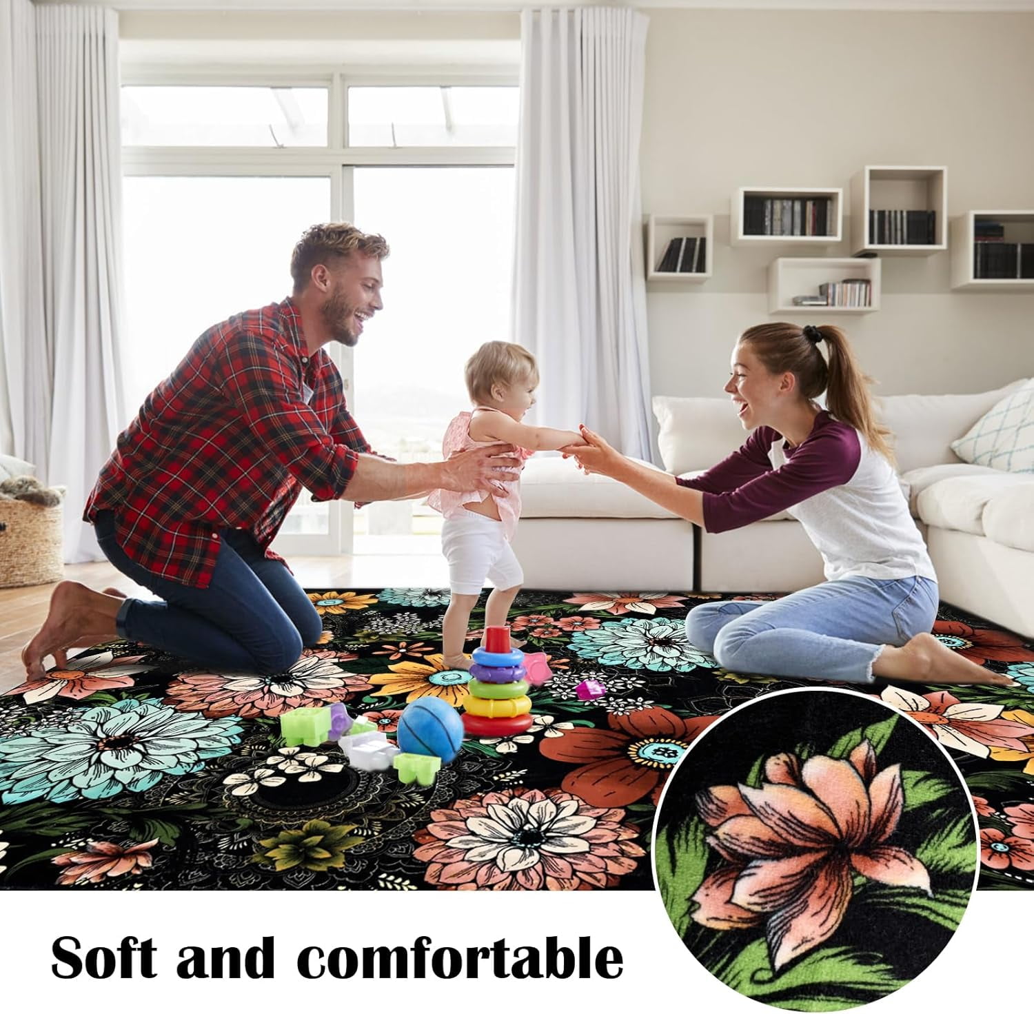 BLEUM CADE Boho Floral Area Rugs for Living Room 5x7, Washable Soft Faux Wool Rug Carpet for Bedroom