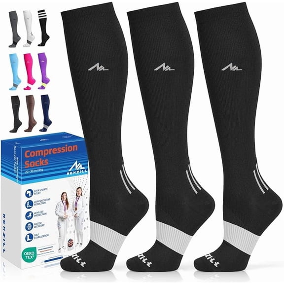 Newzill Compression Socks for Women & Men, 20-30 mmHg Circulation Support, Black, Small/Medium, 3 Pairs