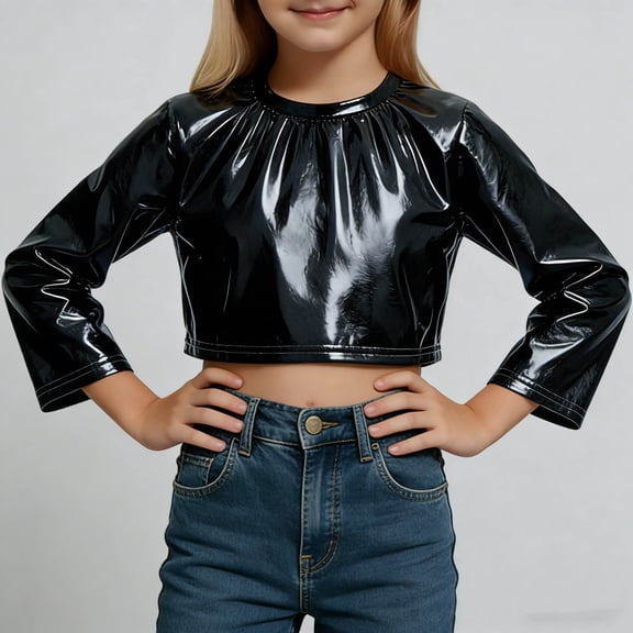 BaoFuBaoMei Crewneck Shirts Girls Solid Color Long Sleeve Cropped Pullover Tops Slim Fall Outfits for School Daily Wear Outdoor