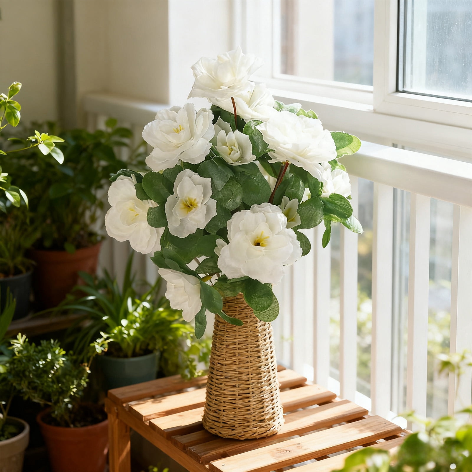 Artificial Fake Flowers for Outdoors Spring Outside Decoration, 1 Bundles Silk Azalea Faux Plants UV Resistant Realistic Outdoor Flowers for Planter Porch Patio Garden Walkways Home, White
