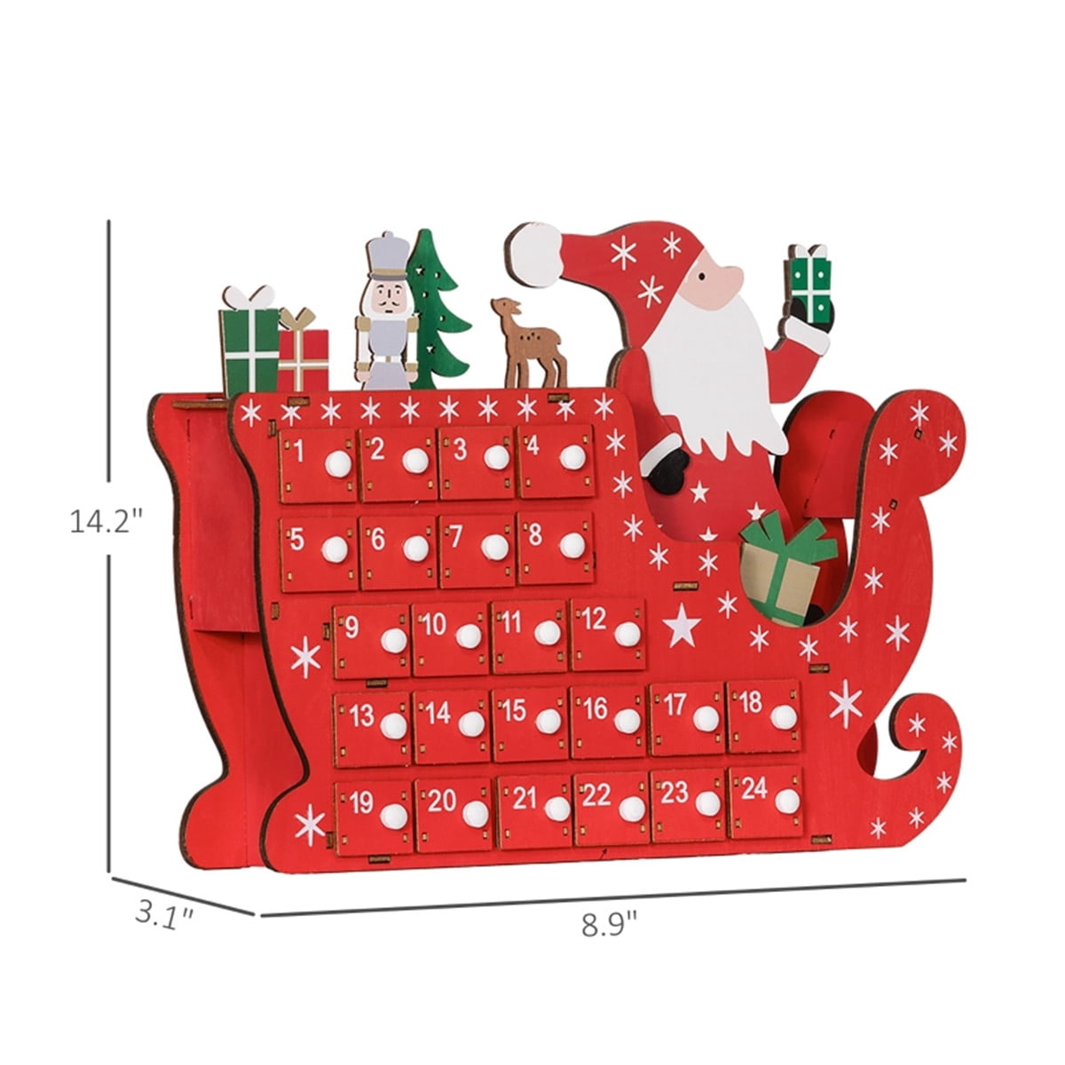 Santa Sleigh Christmas Advent Calendar 24-Day Drawer Style Countdown Decor for Desks Mantles Fireplaces Holiday Treat Storage Red