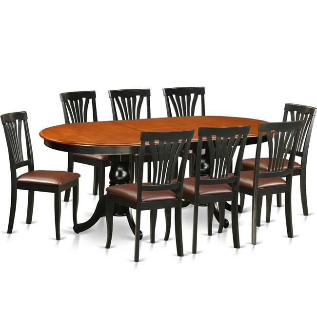 Faux Leather Dining Room Set Table with 8 Wooden Chair, Black & Cherry 9 Piece
