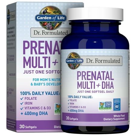 Garden of Life Dr. Formulated Prenatal Pregnancy Womens Multivitamins + DHA with Folate & Iron for Mom's Nutrition & Baby's Development, 30 Count
