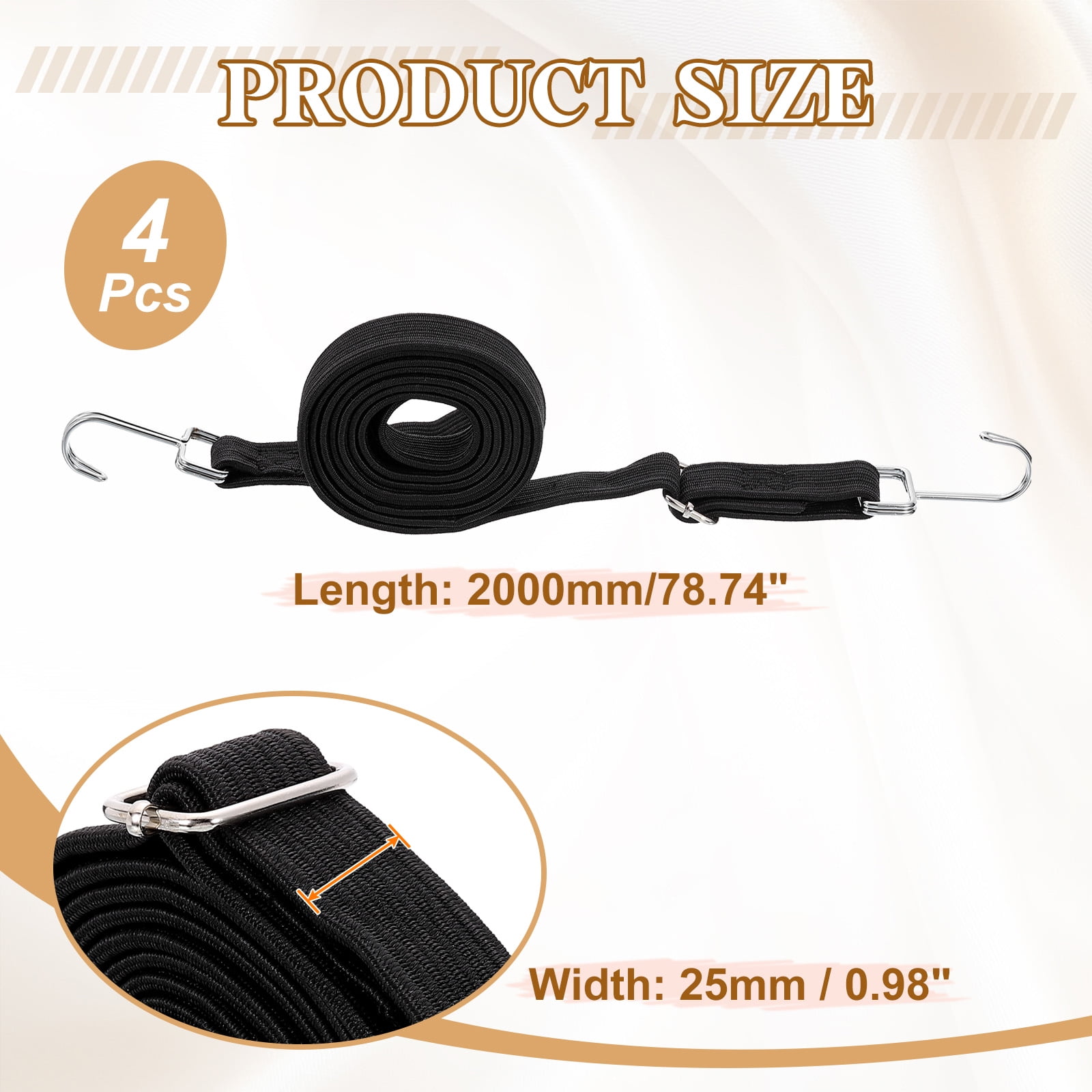 Uxcell 4 Pack Adjustable Bungee Cords with Hooks, 79 Inch Flat Heavy Duty Elasticity Straps Rubber Bungee Cords with Buckle for Outdoor, Camping, Tarp, Bike Rack, Luggage, Black
