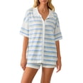 thumbnail image 2 of FOCUSNORM Women Pajamas Set 2 Pieces Loungewear Suits Stripe Contrast Color Button Crochet Knit Tops and Shorts Lounge Sets, 2 of 9