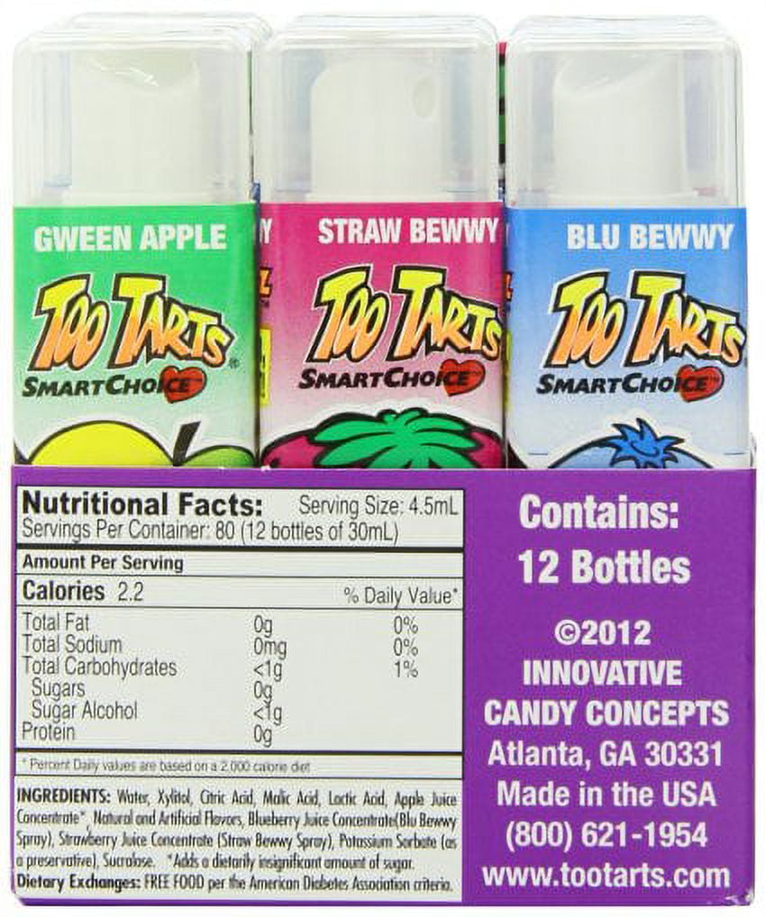 Too Tarts Sugar Free Sour Candy Spray Bottle Assortment (Pack of 12)