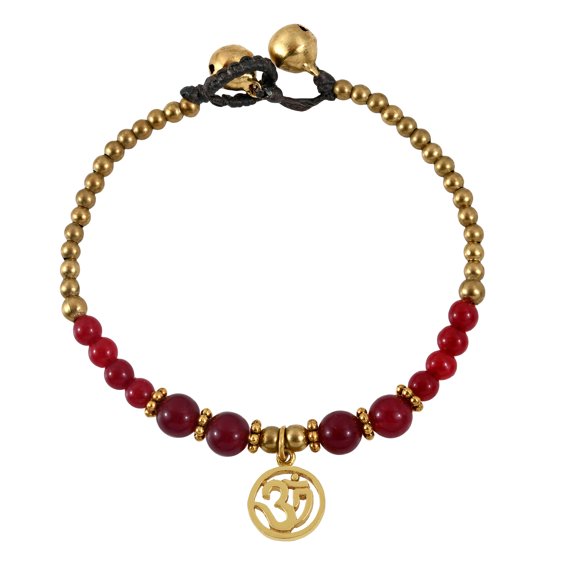 Mystical Aum or Om Red Quartz and Brass Beads Jingle Bell Bracelet