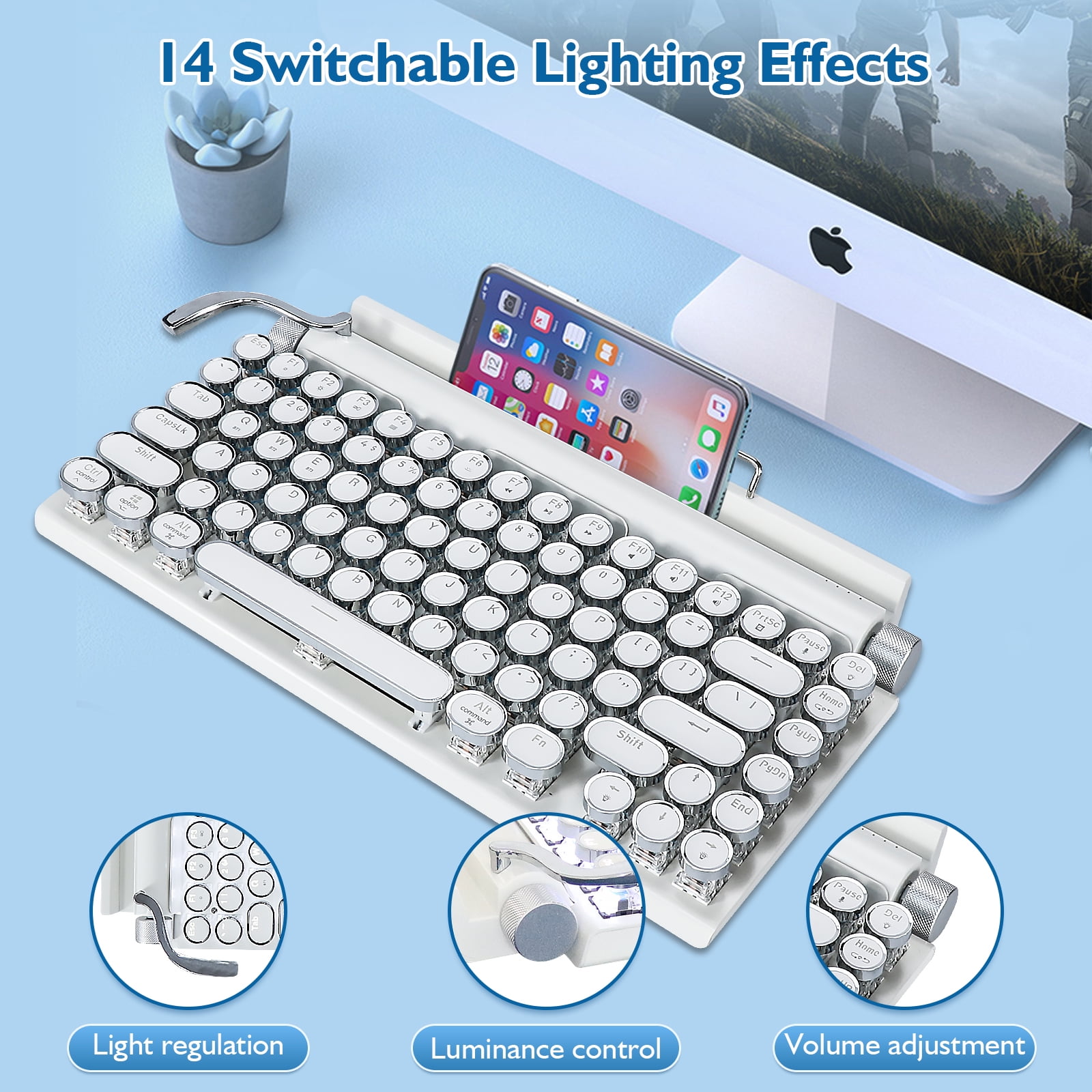 83-Key Retro Mechanical Keyboard,Dot Typewriter Mechanical Wireless Bluetooth Keyboard, For Smart Phone, Tablet Laptop/Desktop, Gaming Mechanical Keyboard with Wired/Bluetooth Mode (White)