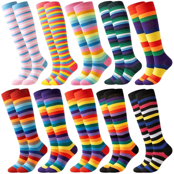 10 Pairs Womens Rainbow Knee High Socks Colorful Striped Long Tube Stockings for Women Teens