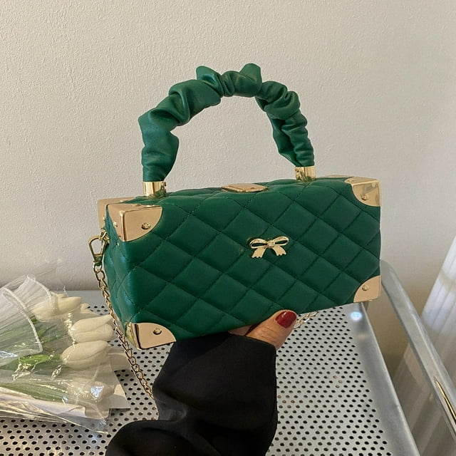 LNGOOR Solid Color Pu Leather Quilted Rhombus Small Box Bag Bow Decoration Pleated Hand Box Bag Metal Chain Can Be Slanted On The Shoulder Daily Gift Small Square Bag For Girls