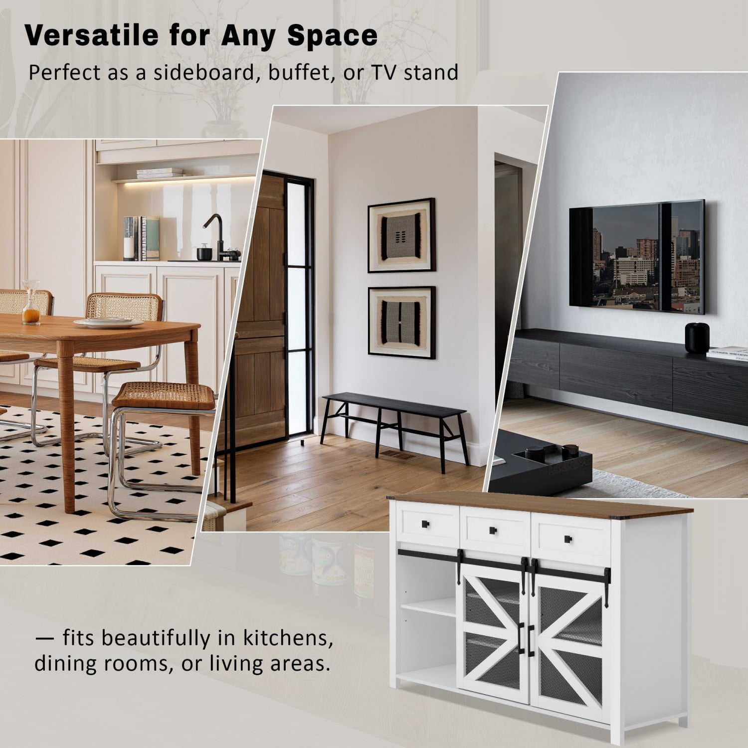 55" Modern Storage Sideboard Buffet Cabinet, 4-Door Credenza with Adjustable Shelves, Open Shelf & Dual Hooks for Living Room Dining Hallway Office, White